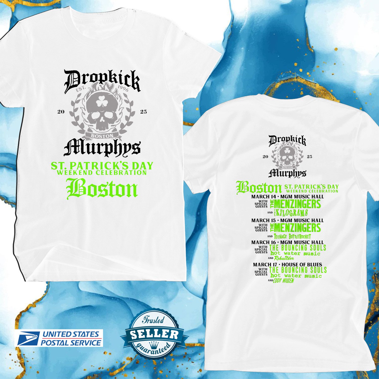 DROPKICK MURPHY'S ST. PATRICK'S DAY TOUR 2025, DROPKICK MURPHY'S, UNISEX WHITE TEE ADL01