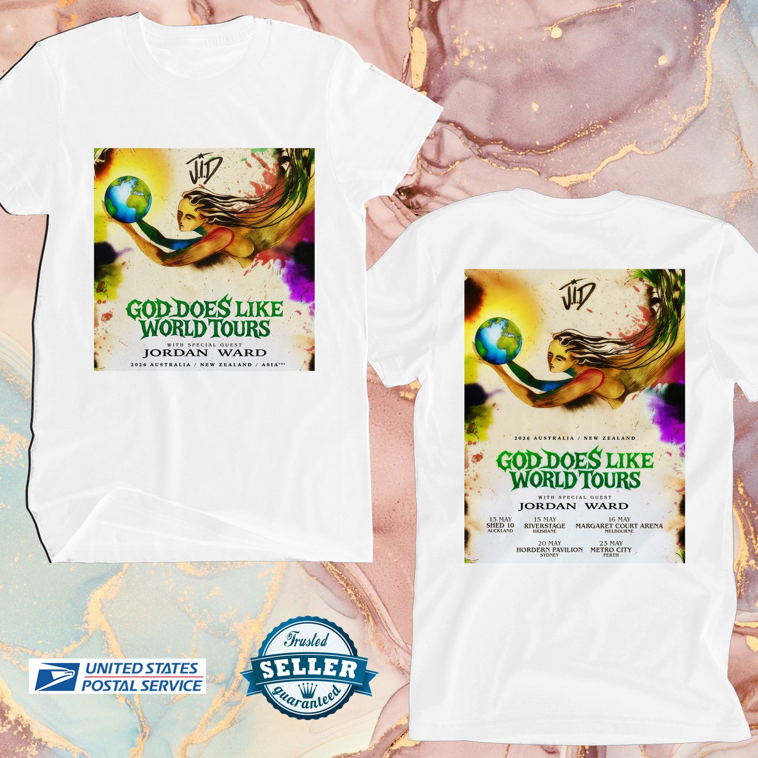 J.I.D GOD DOES LIKE AUSTRALIA TOUR 2026, J.I.D, J.I.D FANS TEE, UNISEX 2 SIDE WHITE TEE ADL01