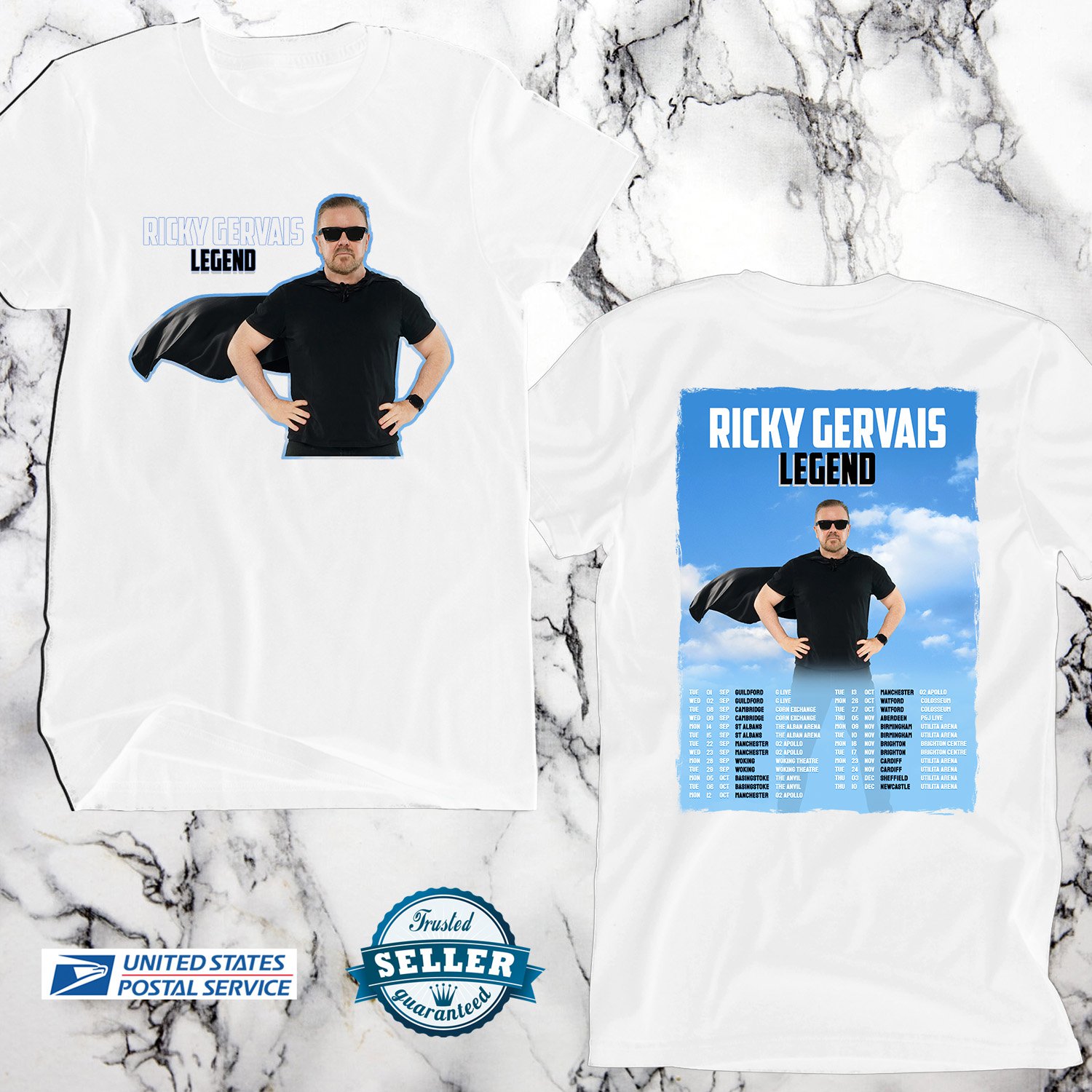 RICKY GERVAIS LEGEND UNITED KINGDOM TOUR 2026, RICKY GERVAIS, UNISEX 2 SIDE WHITE TEE ADL01