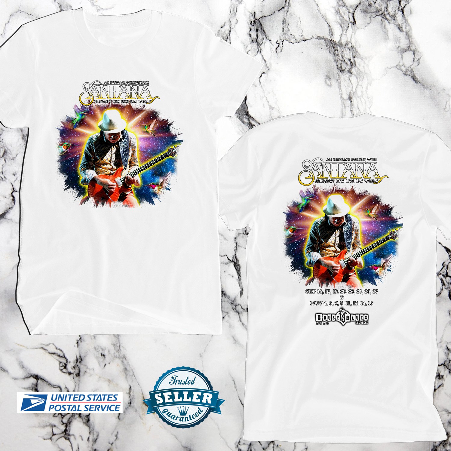 SANTANA GREATEST HITS LAS VEGAS FALL TOUR 2026, SANTANA, UNISEX 2 SIDE WHITE TEE ADL01