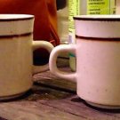 Vintage MCM Speckled Rimmed Mugs, Mottled White Ceramic Cups Rainbow Stoneware