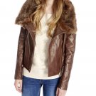 Womens Brown Leather Zipper Fur Collar Jacket