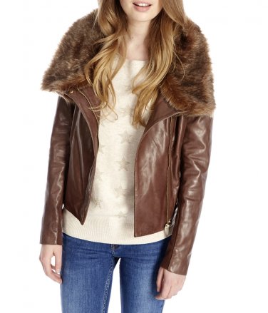 Womens Brown Leather Zipper Fur Collar Jacket