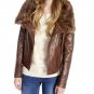 Womens Brown Leather Zipper Fur Collar Jacket