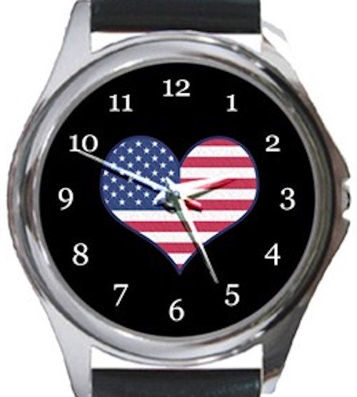 I Love USA Flag Round Metal Watch