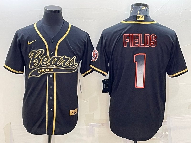 Men's Chicago Bears #1 Justin Fields Black Gold With Patch Smoke Cool Base Baseball Jersey S - 3XL