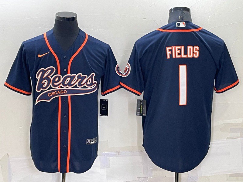 Men's Chicago Bears #1 Justin Fields Navy Blue Stitched MLB Cool Base Baseball Jersey S- 3XL