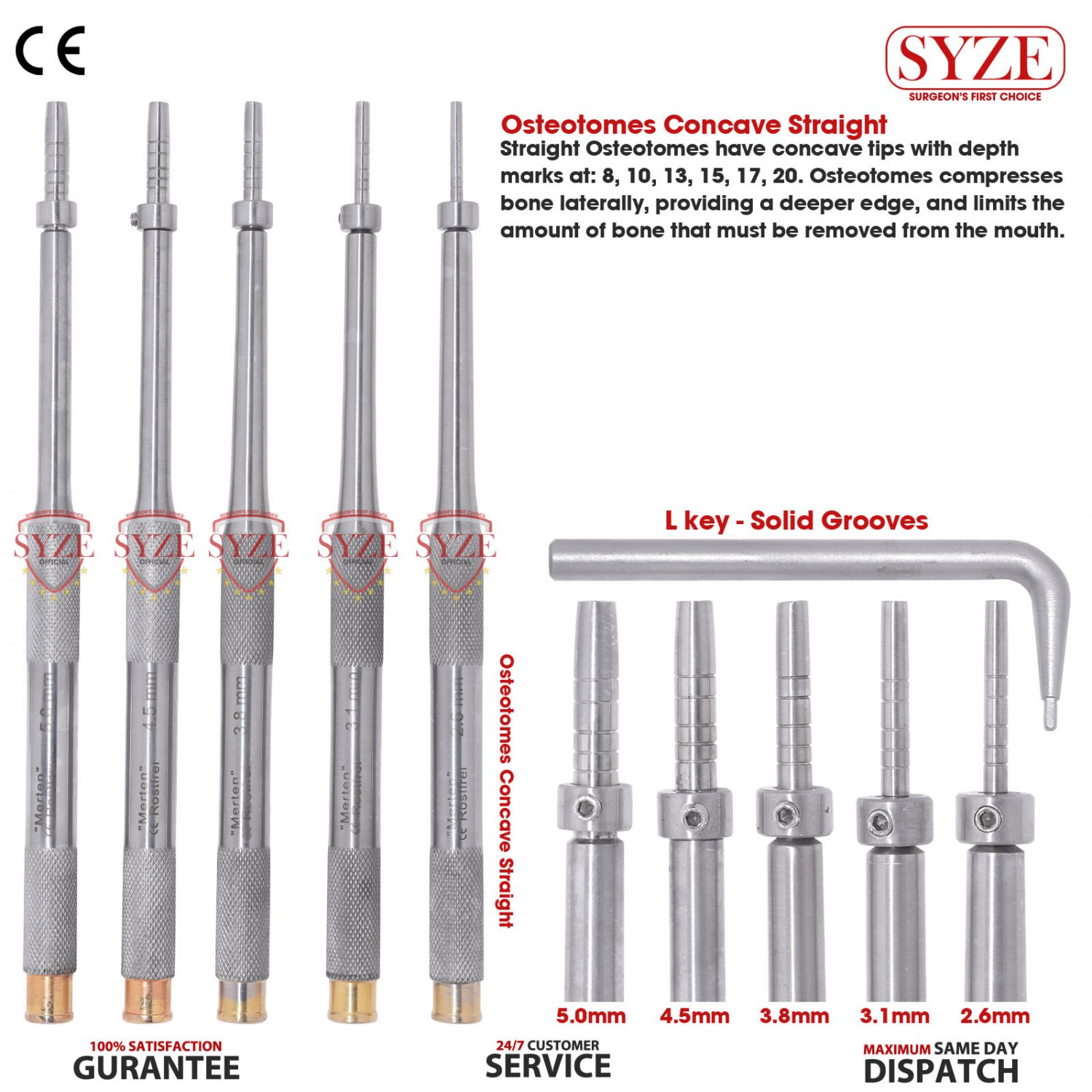 6 Pcs Set Osteotomes Offset Osteotome Angled Pointed With Allen Key Convex New