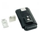 Executive C243b Black Leather 3 Piece Cigar Case Holder With Cutter And Lighter-