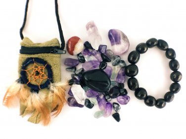 Protection Crystal Healing Pouch PLUS Jet Stone Bracelet