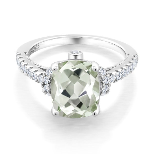 Gem Stone King 925 Sterling Silver Green Prasiolite and White Created Sapphire Women's Ring