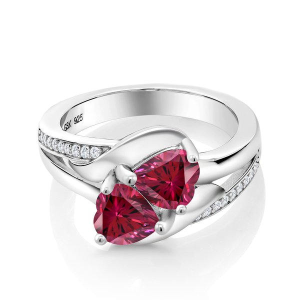 925 Silver Class Ring White Created Sapphire and Set with Red Zirconia from Swarovski