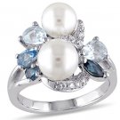 White Freshwater Cultured Pearl with London, Swiss and Sky Blue Topaz and Created White