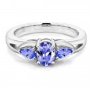 Gem Stone King 0.85 Ct 3-Stone Oval and Pear Shape Tanzanite 925 Sterling Silver Ring