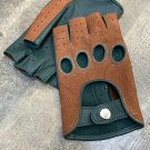 Fingerless Green & Brown Leather Driving Handmade Gloves for Ladies