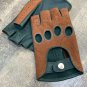 Fingerless Green & Brown Leather Driving Handmade Gloves for Ladies