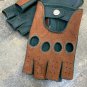 Fingerless Green & Brown Leather Driving Handmade Gloves for Ladies