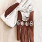 Men's Brown & White Driving Gloves Italian Napa Lambskin Leather
