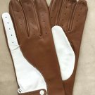 Handmade Men's Driving Brown White Italian Napa Leather Gloves Handmade Men's Driving Brown White Italian Napa Leather Gloves