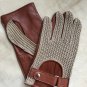 Men's Handmade Driving Brown Napa Leather Knitted Gloves