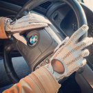 Brown & White Handmade Women's Driving Napa Leather Gloves Brown & White Handmade Women's Driving Napa Leather Gloves