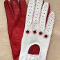 Real Napa Leather Handmade Driving Gloves Red & White for Ladies