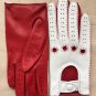 Real Napa Leather Handmade Driving Gloves Red & White for Ladies