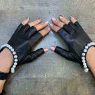 Handmade Women's Fingerless Pearls Napa Leather Lambskin Black Gloves