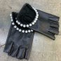 Handmade Women's Fingerless Pearls Napa Leather Lambskin Black Gloves