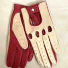 Women's Handmade Driving Real Napa Leather Lambskin Gloves Red & Beige