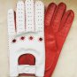 Red & White Italian Leather Driving Gloves Handmade for Men's