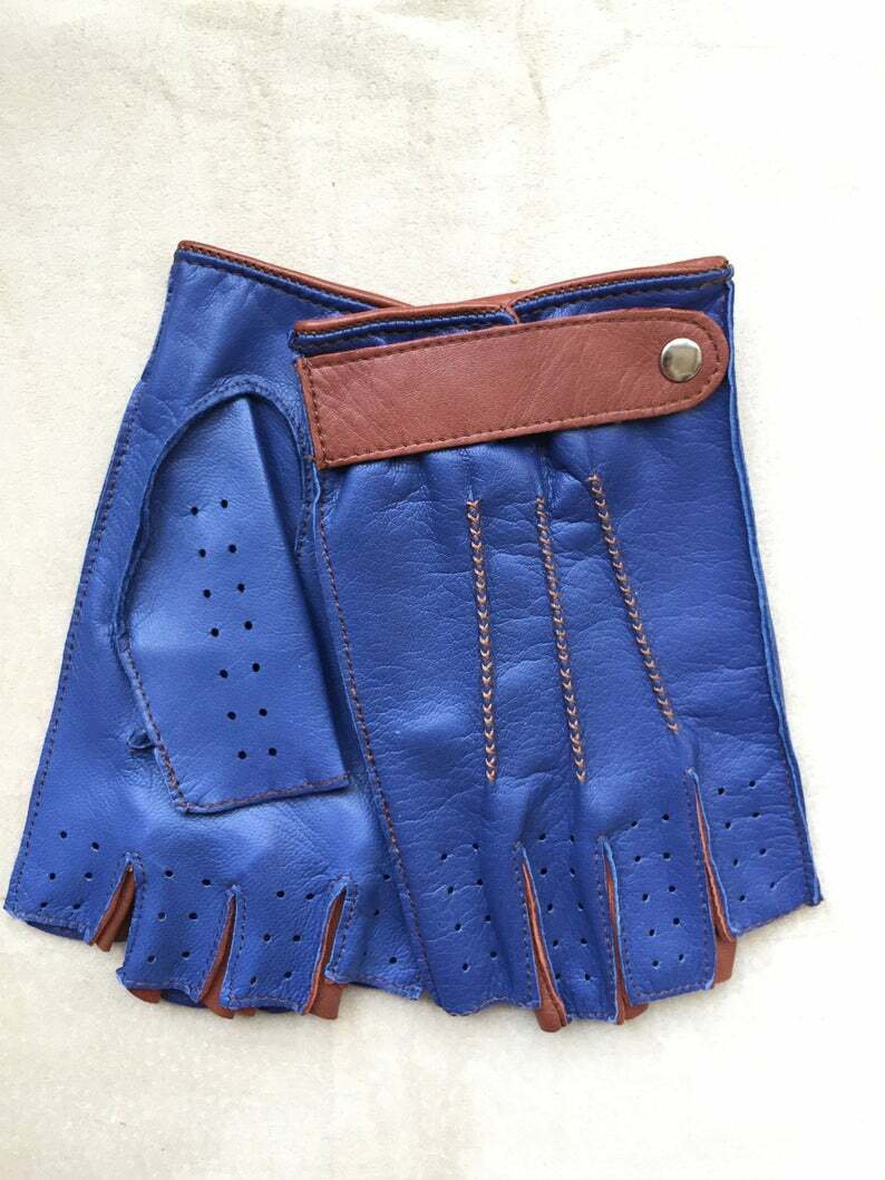 Fingerless Driving/ Cycling/ Fitness Blue Leather Handmade Gloves for Men's