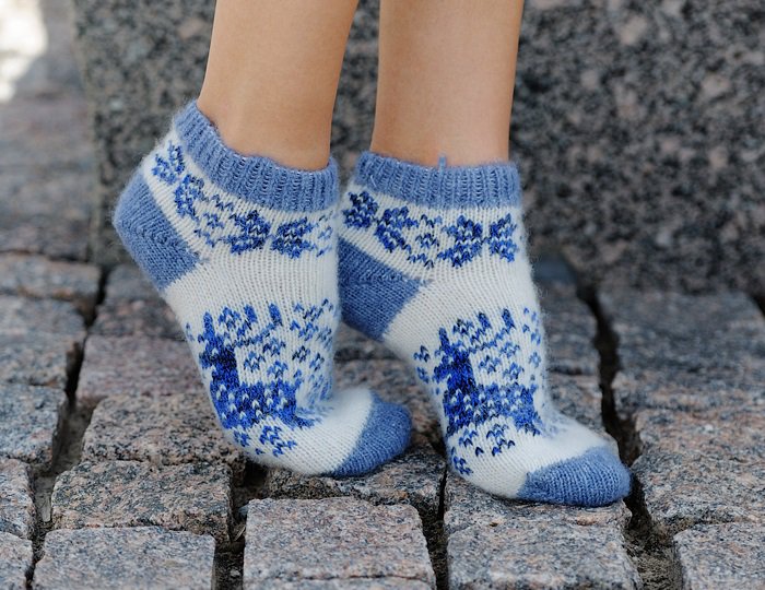 Women M Wool Warm Ankle Socks Reindeer Thick Blue
