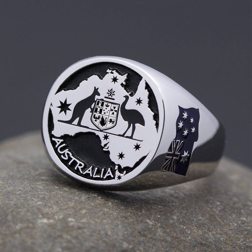 Vintage Australia Flag Aussie Pride AUS Crest Coat of Arms Kangaroo Sterling Silver Ring