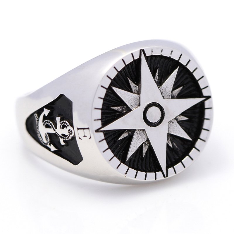 Men`s Compass Marine Anchor Nautical Ship Helm Wheel 925 Sterling Silver Jewelry Ring