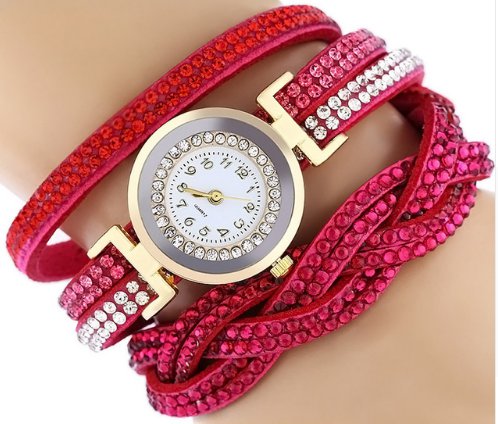 Rhinestone Studded Bracelet Watch - Hot Pink
