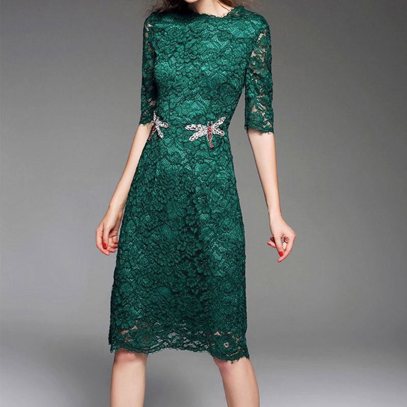 Embroidery Nail Drill Dragonfly Slim Lace Dress Green