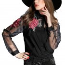 Fashion Elegant Women Blouse Flower Embroidery Vintage Shirt Black