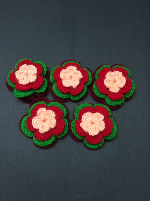 Shiny four layer multicolor  crochet flowers