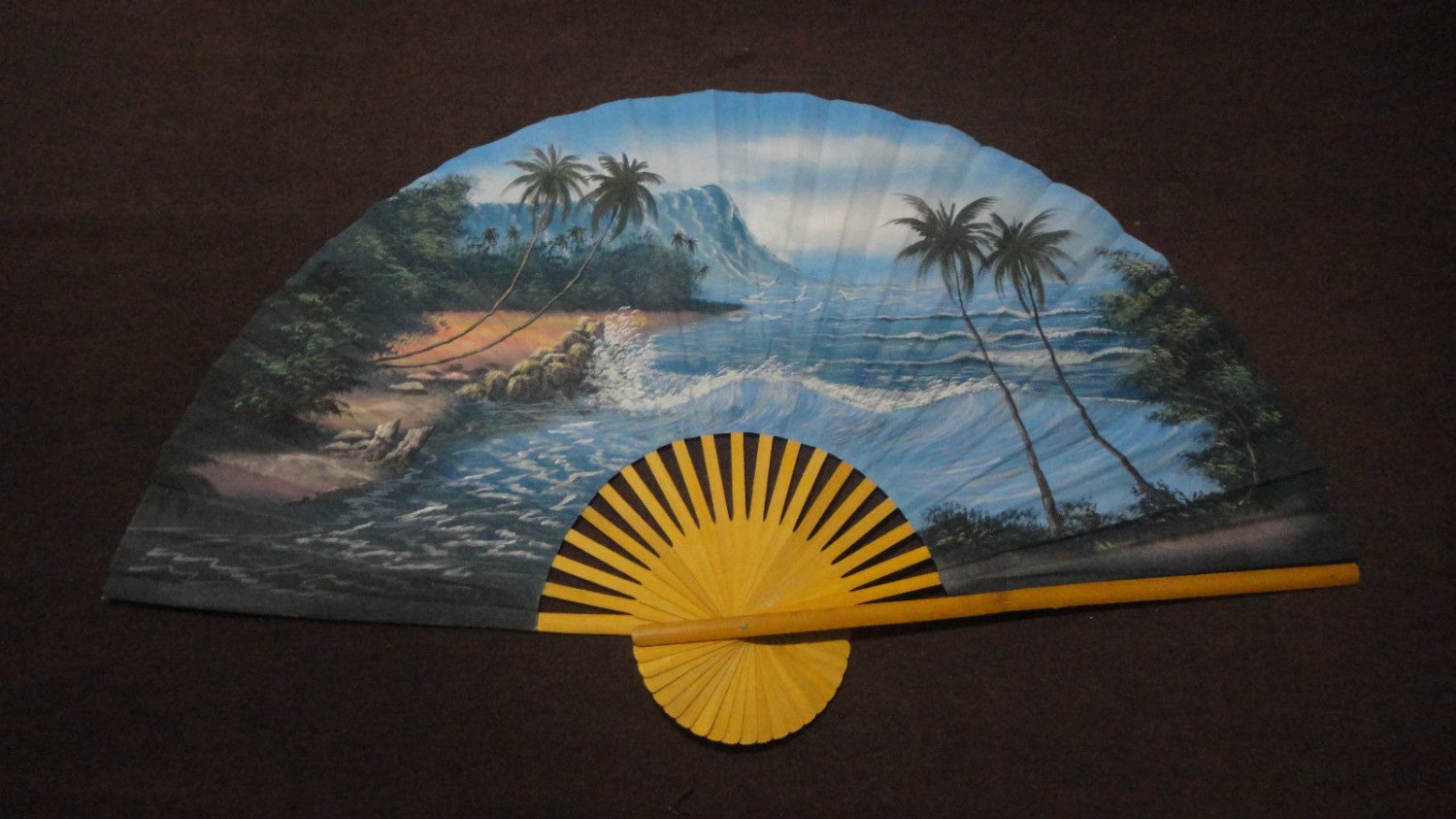 Handpainted Ocean/Island scene, Wall Hanging Bamboo Thai Fan 60 x 35 Large. LOOK