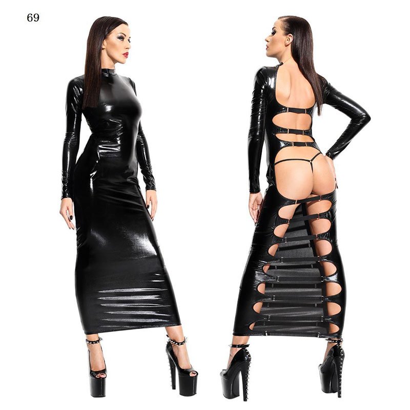 Sexy Vinyl Leak Back Long Black Dress