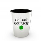 Go Luck Yourself St Patricks Day shot glass shamrock white black ceramic 1.5 oz
