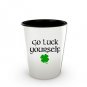 Go Luck Yourself St Patricks Day shot glass shamrock white black ceramic 1.5 oz