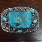 Square Turquoise Coral Stone Floral Leaf Sterling Silver Men's Belt Buckle 2"
