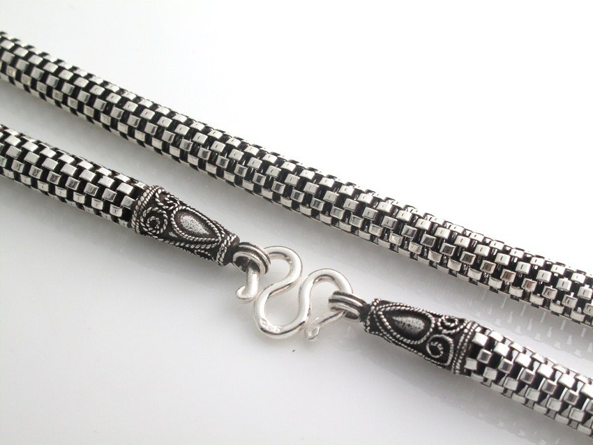 5mm Bali Round Table Chess 925 Sterling Silver Necklace Black Oxidized Men's