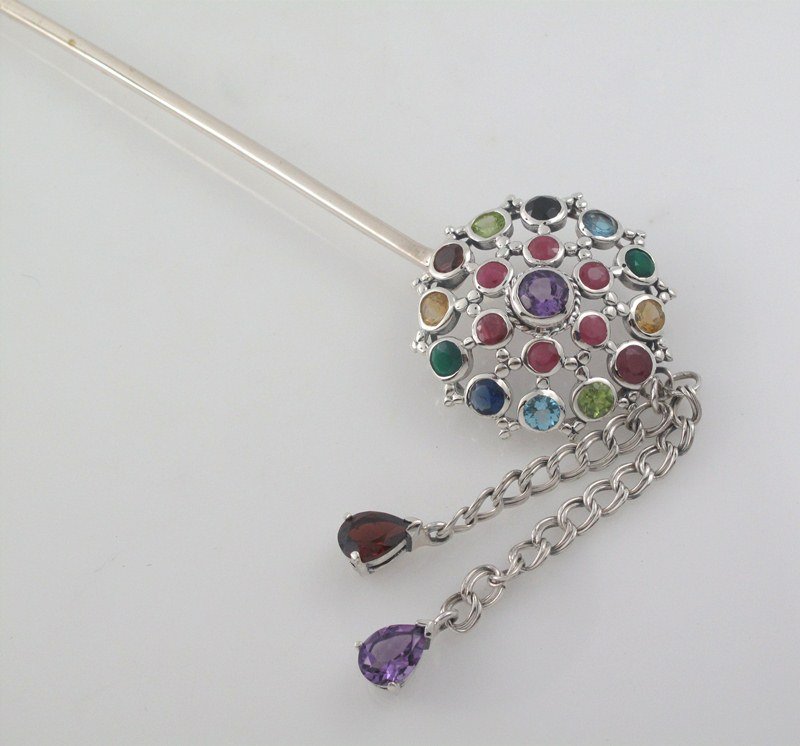 Cluster Circle Dot Multicolor Gemstone 925 Sterling Silver Hair Pin Stick