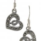 Open Heart Ribbon Dangle Marcasite 925 Sterling Silver Hook Earrings