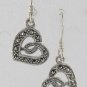 Open Heart Ribbon Dangle Marcasite 925 Sterling Silver Hook Earrings