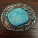 Oval Turquoise Coral Stone Feather Leaf Sterling Silver Men's Belt Buckle 2"