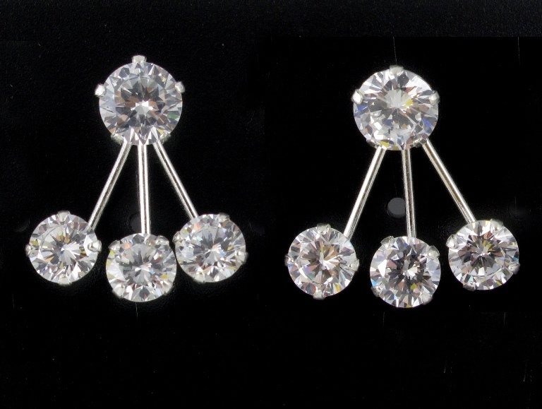 6mm Round CZ Stud Drop Ear Fan Jackets 925 Sterling Silver Earrings
